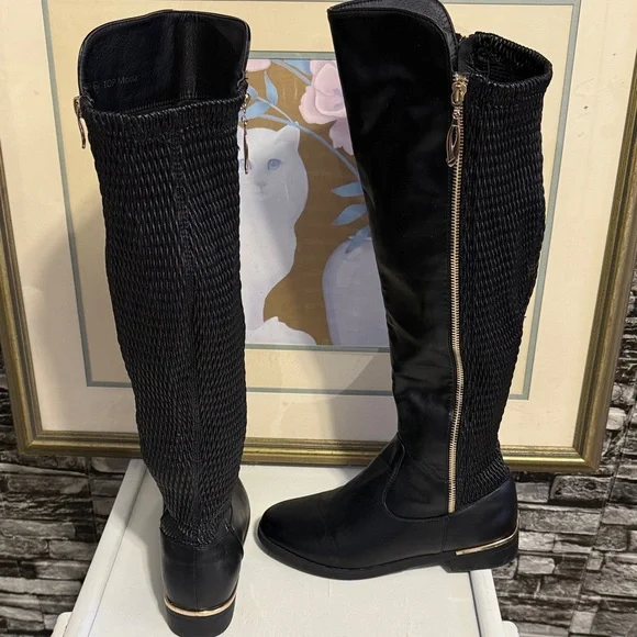 Black Knee-High Women's Boots features zipper on side and gold around the heels - Picture 3 of 11